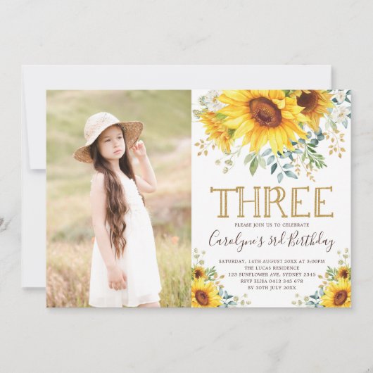 Tuin Zonnebloemen Groene 3e Verjaardagsfoto Kaart (Voorkant)
