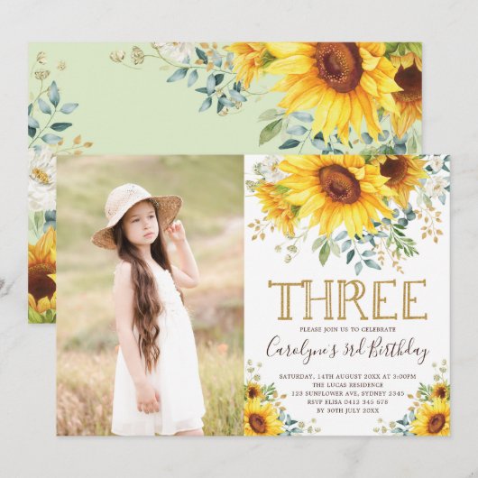Tuin Zonnebloemen Groene 3e Verjaardagsfoto Kaart (Voorkant / Achterkant)