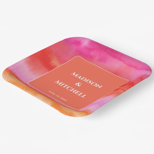 Tuin Zonsopgang Roze Sinaasappel Waterverf Bruilof Papieren Bordje (Gebogen)