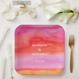 Tuin Zonsopgang Roze Sinaasappel Waterverf Bruilof Papieren Bordje