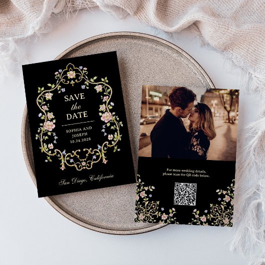  tuin zwart | Kleurrijke foto en QR-code Save The Date