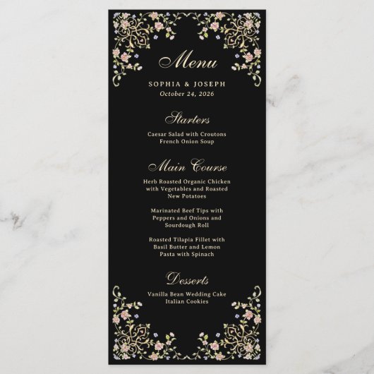  tuin zwart | Kleurrijke Luxe bruiloft Menu (Voorkant)