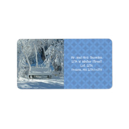 Tuinbank in de sneeuw / blauw patroon / winter / etiket