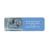 Tuinbank in de sneeuw / blauw patroon / winter / etiket (Voorkant)