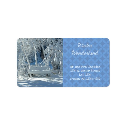 Tuinbank in de sneeuw / blauw patroon / winter / etiket (Voorkant)