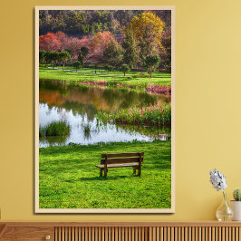 Tuinbank met uitzicht op meer/vijver poster