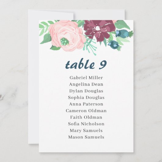 Tuinbloemen. Bloementafelnummer met zitplaatsen Kaart (Voorkant)