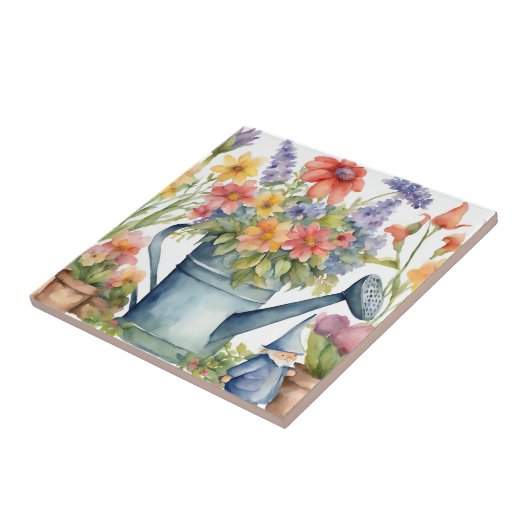 Tuinbloemen en Watering Can Waterverf Tegeltje (Zijkant)