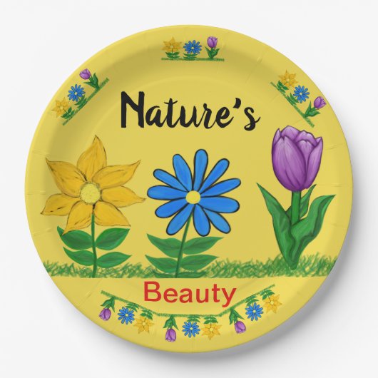 Tuinbloemen Tulp Zonnebloem Blauw Daisy Papieren Bordje (Voorkant)