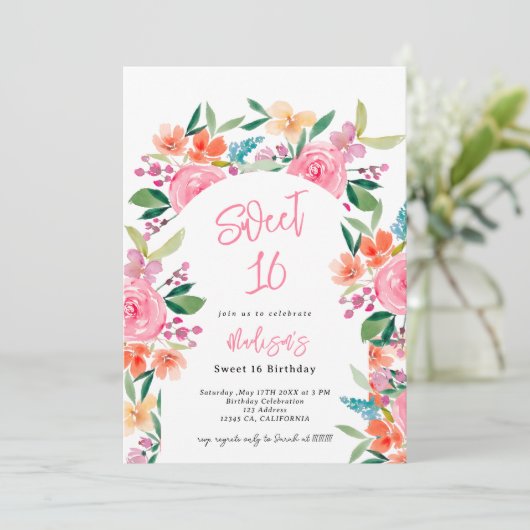 tuinbloemetjesboog waterverf Sweet 16 Kaart (Staand voorkant)