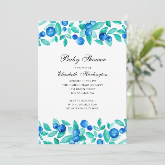 Tuinbosbessen. Blauw en munt baby shower Kaart (Staand voorkant)