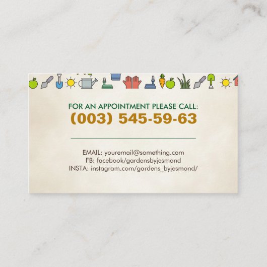 Tuinbouwservices - kleurig pictogrammenpatroon visitekaartje (Achterkant)