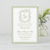 Tuinbruiloft Sage Groene Monogram Crest Kaart (Staand voorkant)