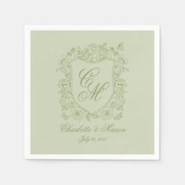 Tuinbruiloft Sage Groene Monogram Wapenschild Serv Servet