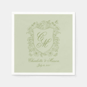 Tuinbruiloft Sage Groene Monogram Wapenschild Serv Servet