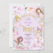 Tuinfee met roze paarse bloem, derde verjaardag kaart (Voorkant)