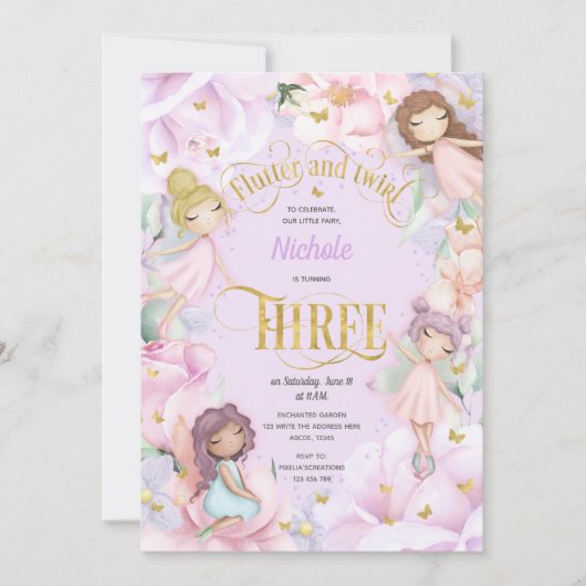 Tuinfee met roze paarse bloem, derde verjaardag kaart (Voorkant)