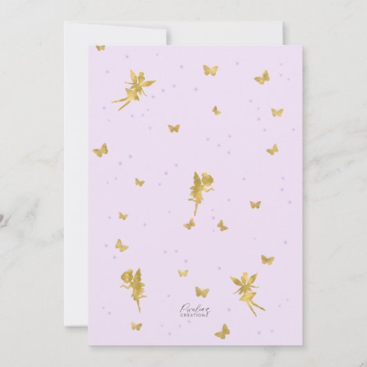 Tuinfee met roze paarse bloem, derde verjaardag kaart (Achterkant)