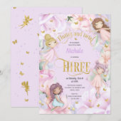 Tuinfee met roze paarse bloem, derde verjaardag kaart (Voorkant / Achterkant)