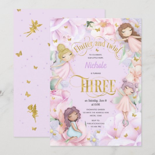 Tuinfee met roze paarse bloem, derde verjaardag kaart (Voorkant / Achterkant)