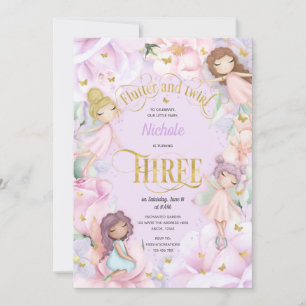 Tuinfee met roze paarse bloem, derde verjaardag kaart