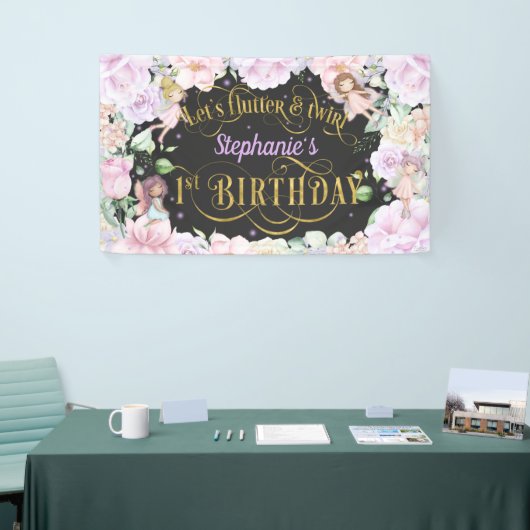 Tuinfee, roze paarse bloemen, 1 verjaardag spandoek (Beurs)