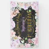 Tuinfee, roze paarse bloemen, 1 verjaardag spandoek (Verticaal)