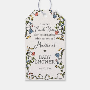 Tuinfeest met fantasierijke bloemen voor babyborre cadeaulabel