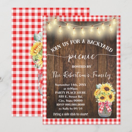 Tuinfeest met picknick in rode plaid met zonnebloe kaart (Voorkant / Achterkant)