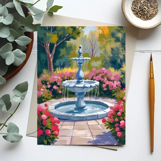 Tuinfontein bloemenschildering briefkaart