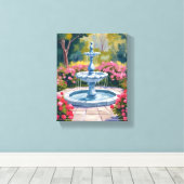 Tuinfontein bloemenschildering canvas afdruk (Insitu (Houten vloer))