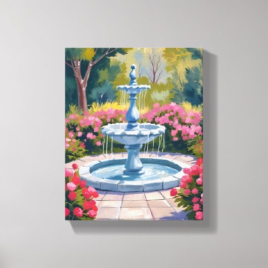Tuinfontein bloemenschildering canvas afdruk (Voorkant)