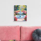 Tuinfontein bloemenschildering canvas afdruk (Insitu (Woonkamer))