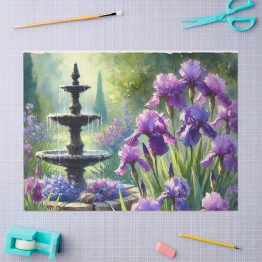 Tuinfontein met Paarse Irissen Weefselpapier Tissuepapier (Craft)