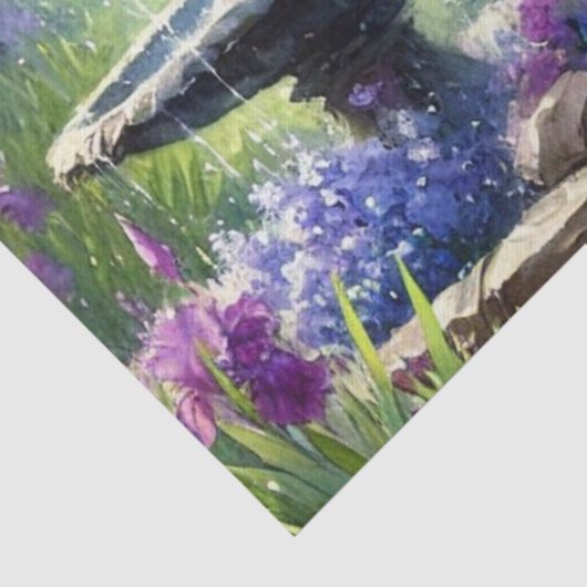 Tuinfontein met Paarse Irissen Weefselpapier Tissuepapier (Detail)