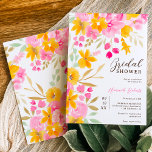 Tuingeel roze florale waterverf vrijgezellenfeest kaart<br><div class="desc">Tuingeel roze bloemige waterverf bruidsdouche Invitation,  met handgeschilderde roze rozen,  gele zonnebloemen en andere schattige  tuinbloemen met een moderne letterborstel.</div>