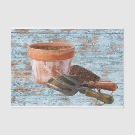 Tuingereedschap en verweerde plank tissuepapier (Voorkant)