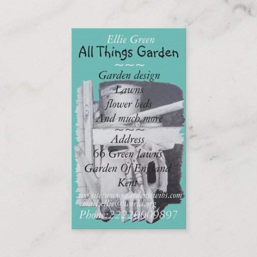 Tuingereedschap schilderen voor tuinarchitect tuin visitekaartje (Voorkant)