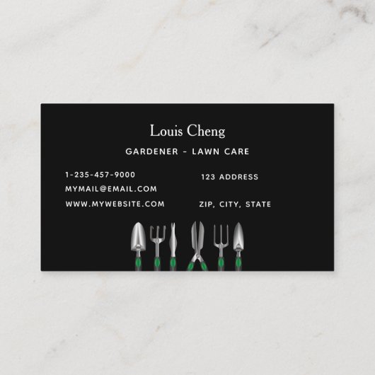 Tuingereedschap voor de tuinbouw, zwart tuingereed visitekaartje (Achterkant)