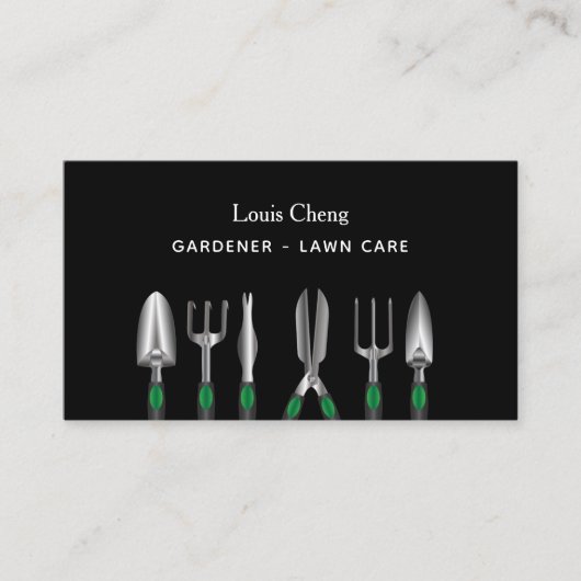 Tuingereedschap voor de tuinbouw, zwart tuingereed visitekaartje (Voorkant)