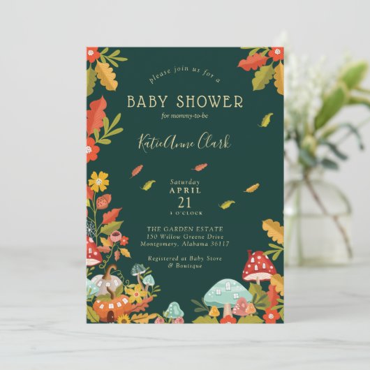 Tuinherfst Leafs paddenstoel en pompoenBaby shower Kaart (Staand voorkant)