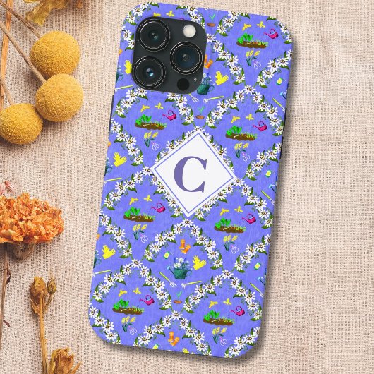 Tuinieren Blau Passiebloem Patroon Monogram Case-Mate iPhone Case