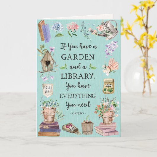 Tuinieren en Bibliotheek Quote Bloementuin Groet Kaart (Gele Bloem)
