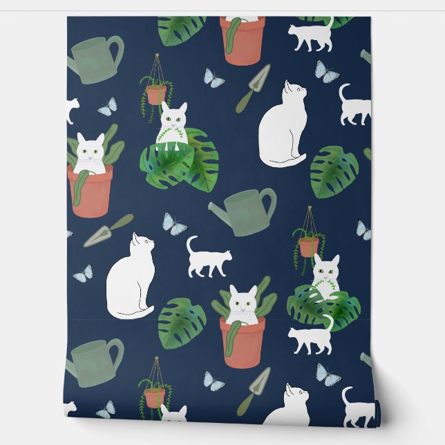 Tuinieren Katten Wit Kat en Planten op Blauwe Muur Behang (Afrollen)
