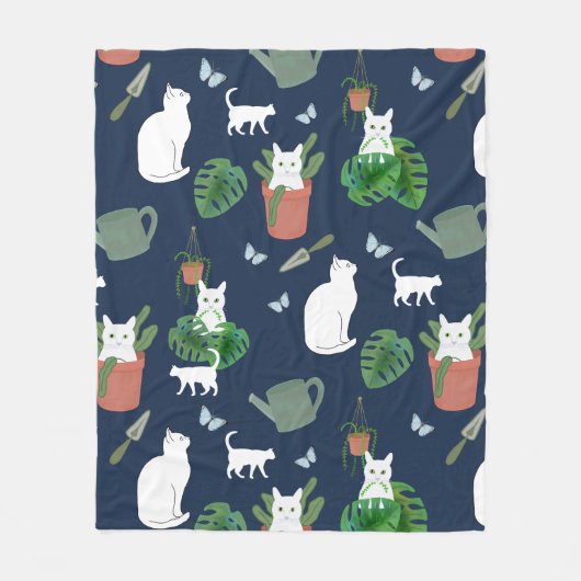 Tuinieren Katten Wit Kat Planten op Blue Blanket Fleece Deken (Voorkant)