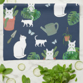 Tuinieren Katten Witte Kat Planten Blauwe theedoek (Gevouwen)