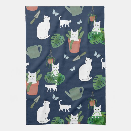 Tuinieren Katten Witte Kat Planten Blauwe theedoek (Verticaal)