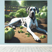 Tuinieren met een Grote Deen hond, 1 in serie Canvas Afdruk (Insitu (Houten vloer))