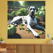 Tuinieren met een Grote Deen hond, 1 in serie Canvas Afdruk (Insitu (Woonkamer))