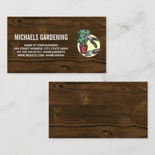 Tuiniergereedschap | Houtnerf achtergrond Visitekaartje (Voorkant / Achterkant)
